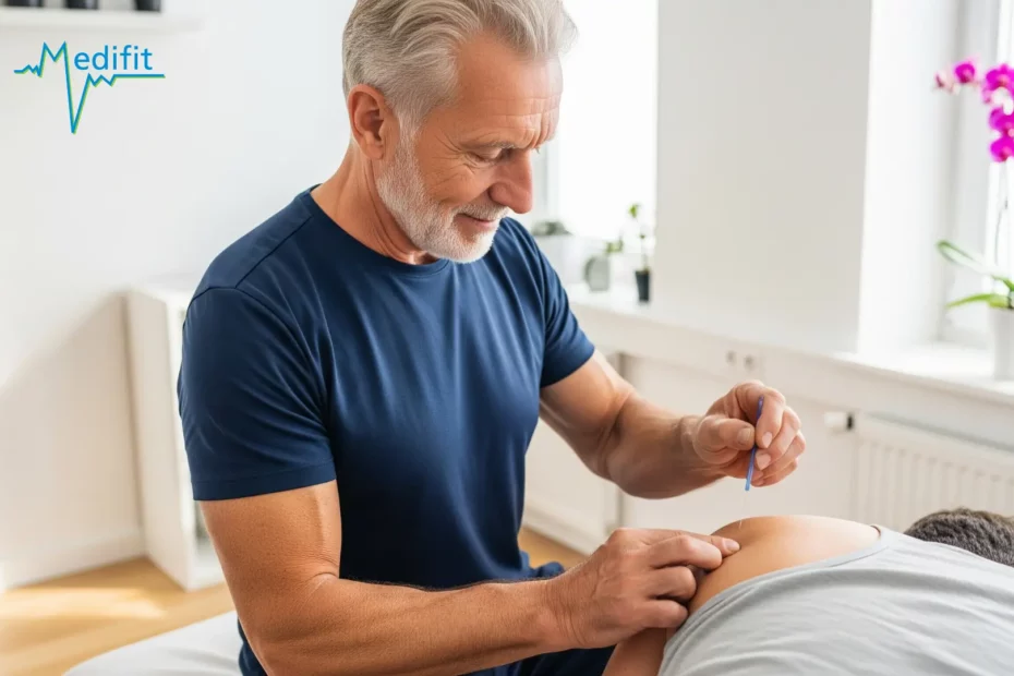 Physiothérapeute Medifit Lausanne appliquant la technique du Dry Needling pour désactiver un trigger point musculaire.