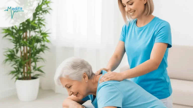Une praticienne spécialisée en physiothérapie à Lausanne prend en charge une patiente senior pour soulager ses tensions