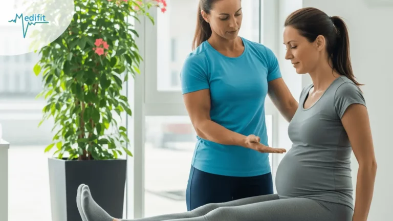 Une patiente enceinte échange avec sa praticienne de physio à Lausanne à propos de douleurs lombaires