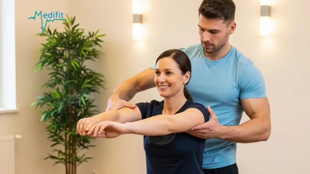 Séance de physio à Lausanne chez Medifit montrant un patient en rééducation active avec son physiothérapeute.