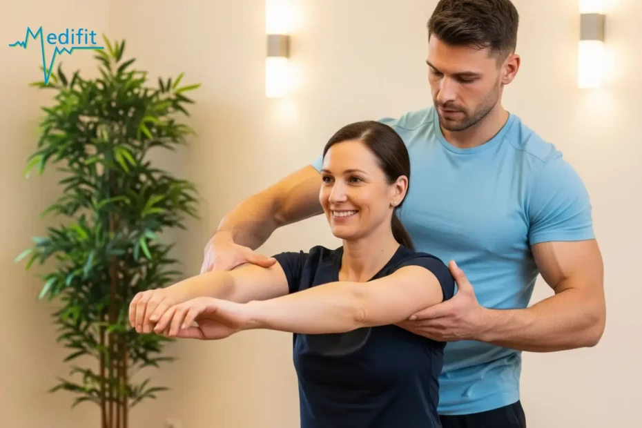 Séance de physiothérapie à Lausanne chez Medifit montrant un patient en rééducation active avec son physio.