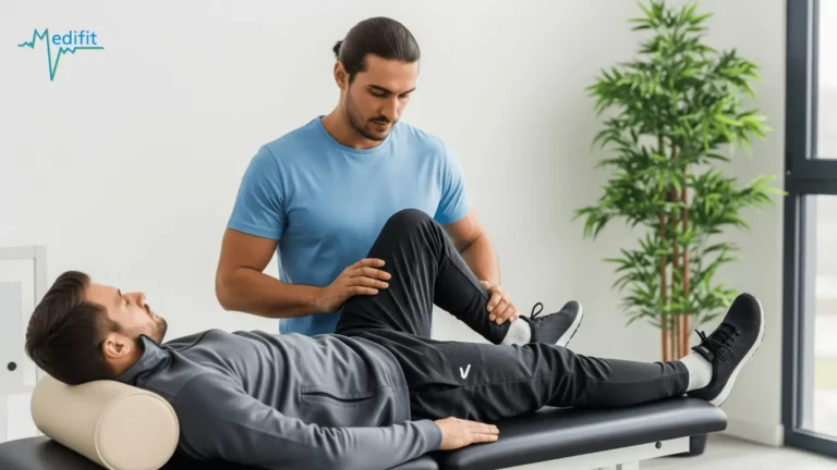 Mobilisation passive du genou par un spécialiste en physiothérapie à Lausanne pour un patient allongé