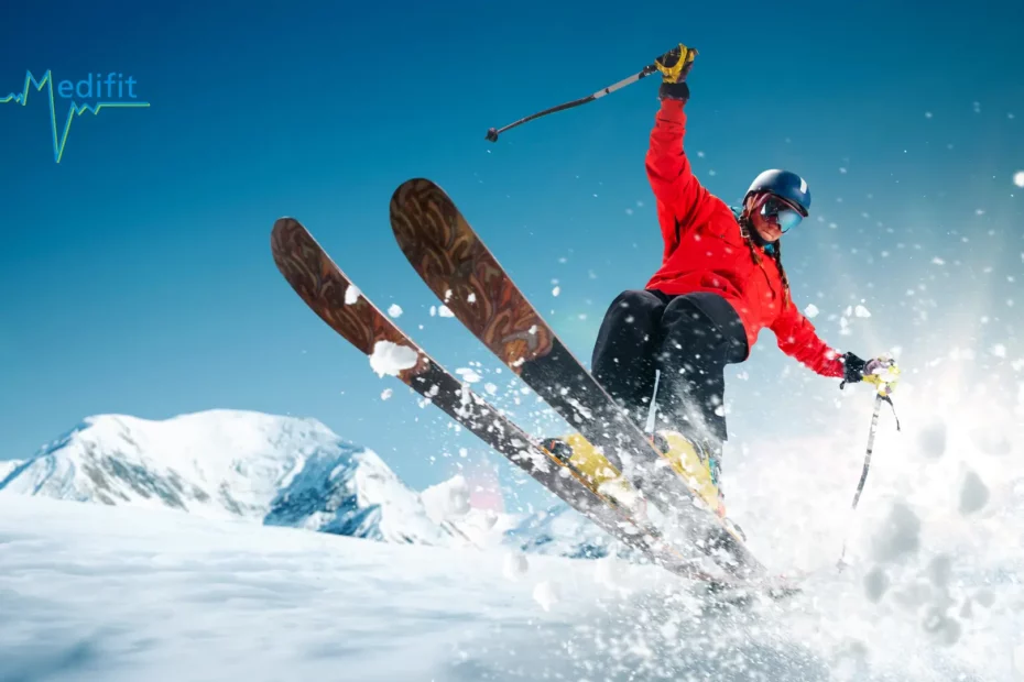 Skieur en plein saut sur les pistes, illustrant les bienfaits d'une préparation ski physiothérapie Medifit.