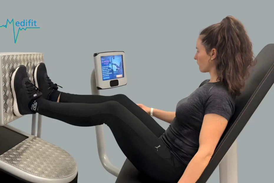 Patiente réalisant un exercice de renforcement des membres inférieurs sur machine EGYM guidée par écran. Cabinets de physiothérapie Medifit à Lausanne et Morges