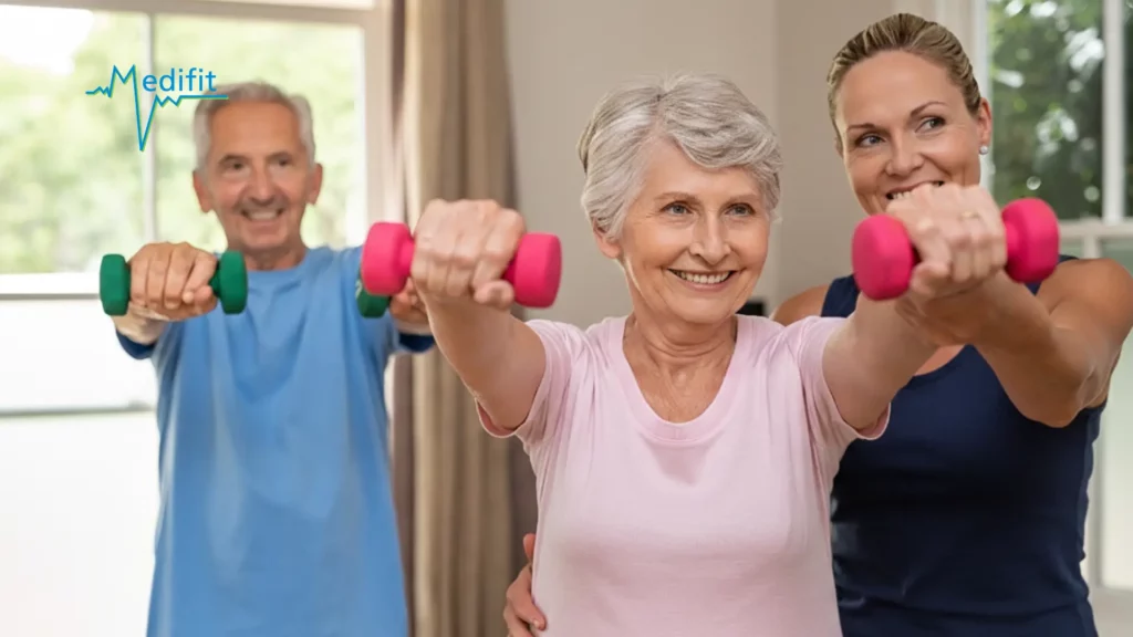 Une physiothérapeute accompagne un homme et une femme senior lors d'exercices de renforcement avec haltères à domicile pour prévenir les chutes et favoriser l'indépendance.