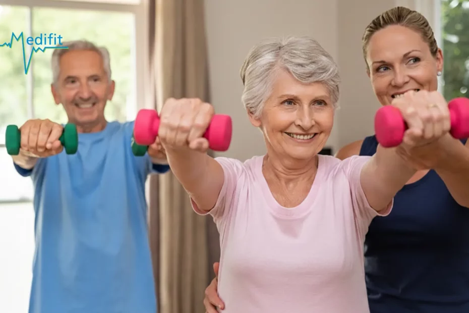 Couple de seniors réalisant des exercices de renforcement avec haltères encadrés par une physiothérapeute Medifit, physiothérapie à domicile dans le canton de Vaud