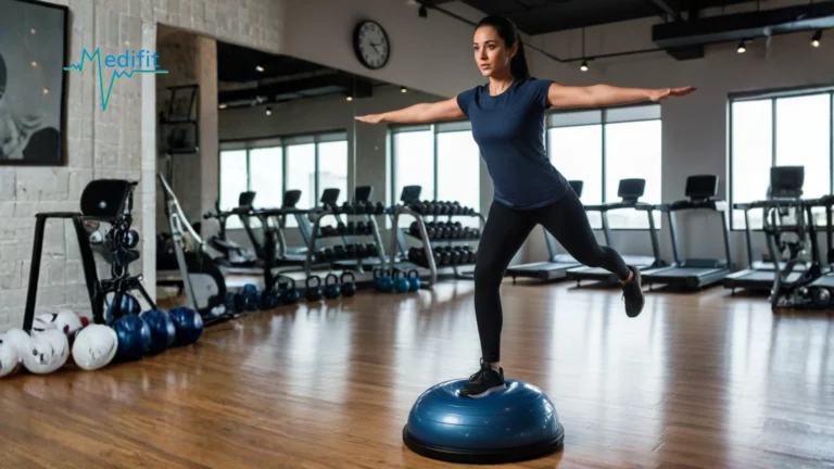Femme en tenue de sport travaillant son équilibre sur une jambe sur un demi-ballon Bosu dans un centre de physiothérapie Medifit à Lausanne pour sa préparation au ski