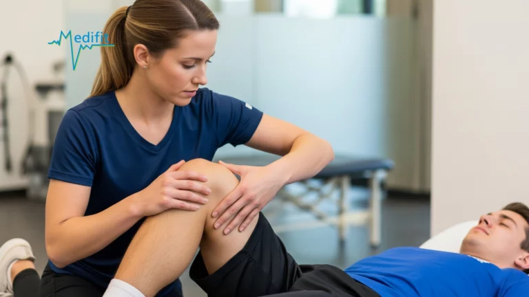 Physiothérapeute Medifit Lausanne mobilisant l'articulation d'un patient allongé lors d'une rééducation après ligamentoplastie du genou.