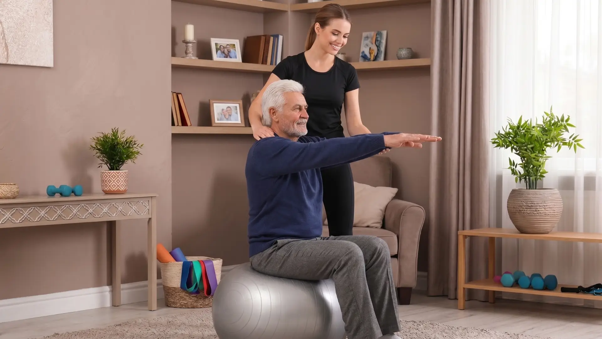 Physiothérapeute accompagnant un senior pour des exercices d'équilibre à domicile, service de physio Yverdon.