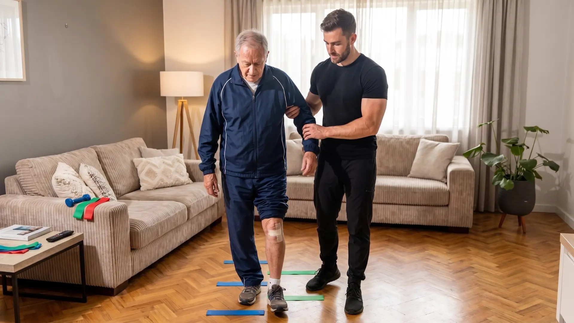 Séance de physiothérapie à domicile à Morges : un thérapeute Medifit accompagne un patient senior dans sa rééducation de la marche